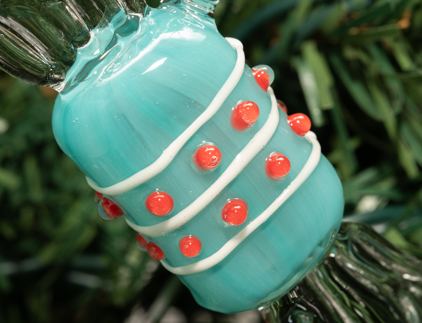Handmade Blue Glass Candy Ornament – Borosilicate Holiday Tree Hanging with Clear Twisted Ends