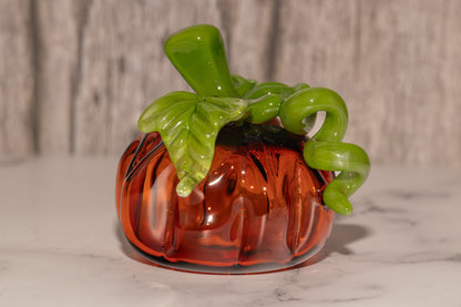 Glass Pumpkin #1 | Handblown OOAK Fall Sculpture | Autumn Home Decor | Halloween Decoration | Leaves & Green Vine Detail | Collectible Art
