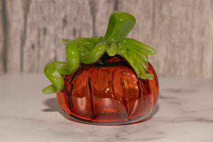 Glass Pumpkin #1 | Handblown OOAK Fall Sculpture | Autumn Home Decor | Halloween Decoration | Leaves & Green Vine Detail | Collectible Art