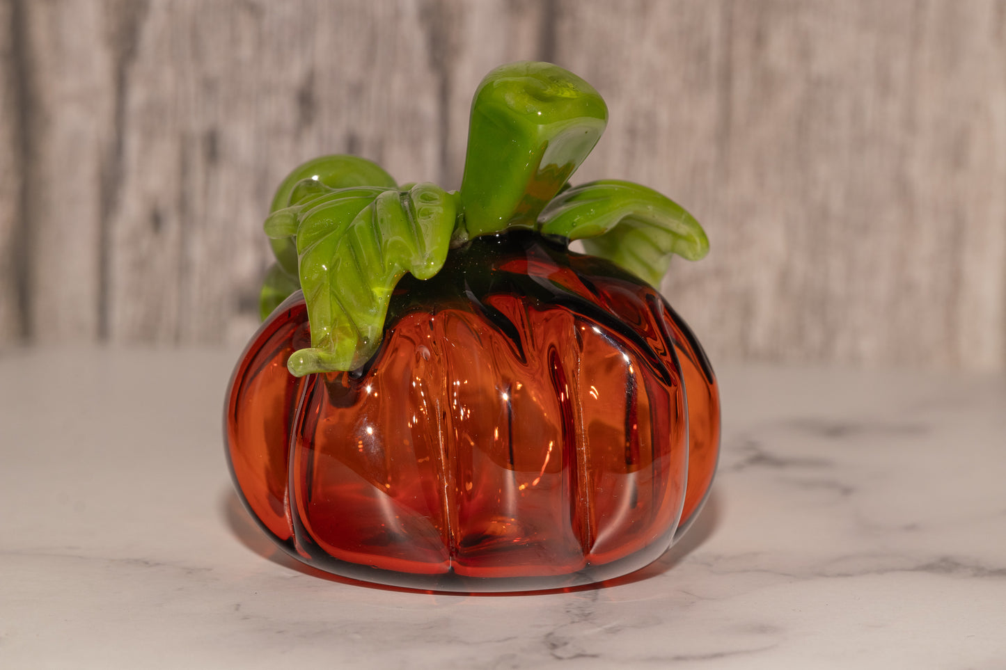 Glass Pumpkin #1 | Handblown OOAK Fall Sculpture | Autumn Home Decor | Halloween Decoration | Leaves & Green Vine Detail | Collectible Art