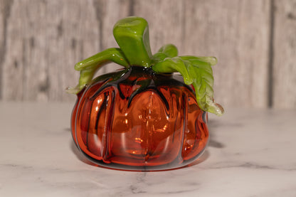 Glass Pumpkin #1 | Handblown OOAK Fall Sculpture | Autumn Home Decor | Halloween Decoration | Leaves & Green Vine Detail | Collectible Art