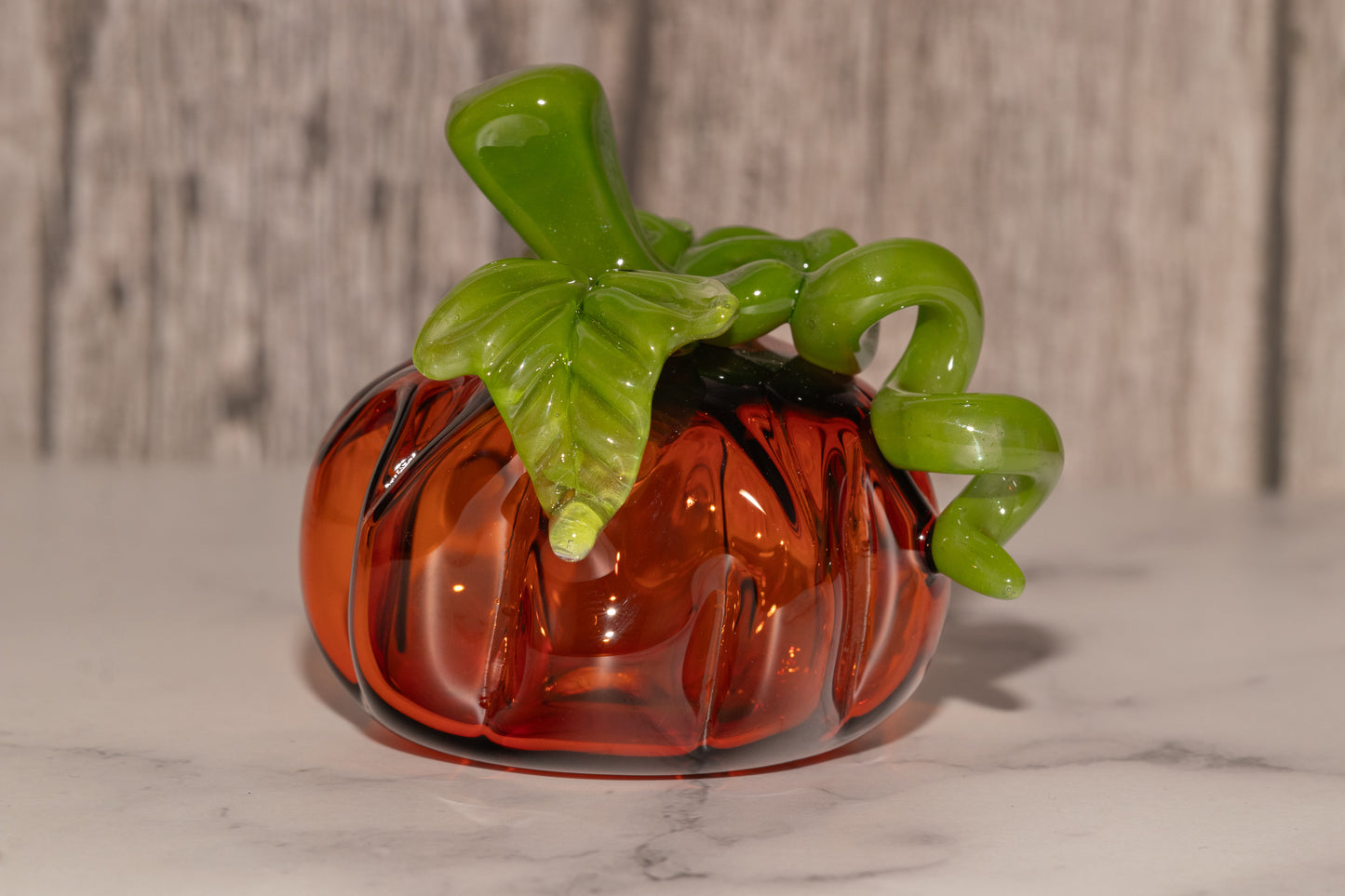 Glass Pumpkin #1 | Handblown OOAK Fall Sculpture | Autumn Home Decor | Halloween Decoration | Leaves & Green Vine Detail | Collectible Art