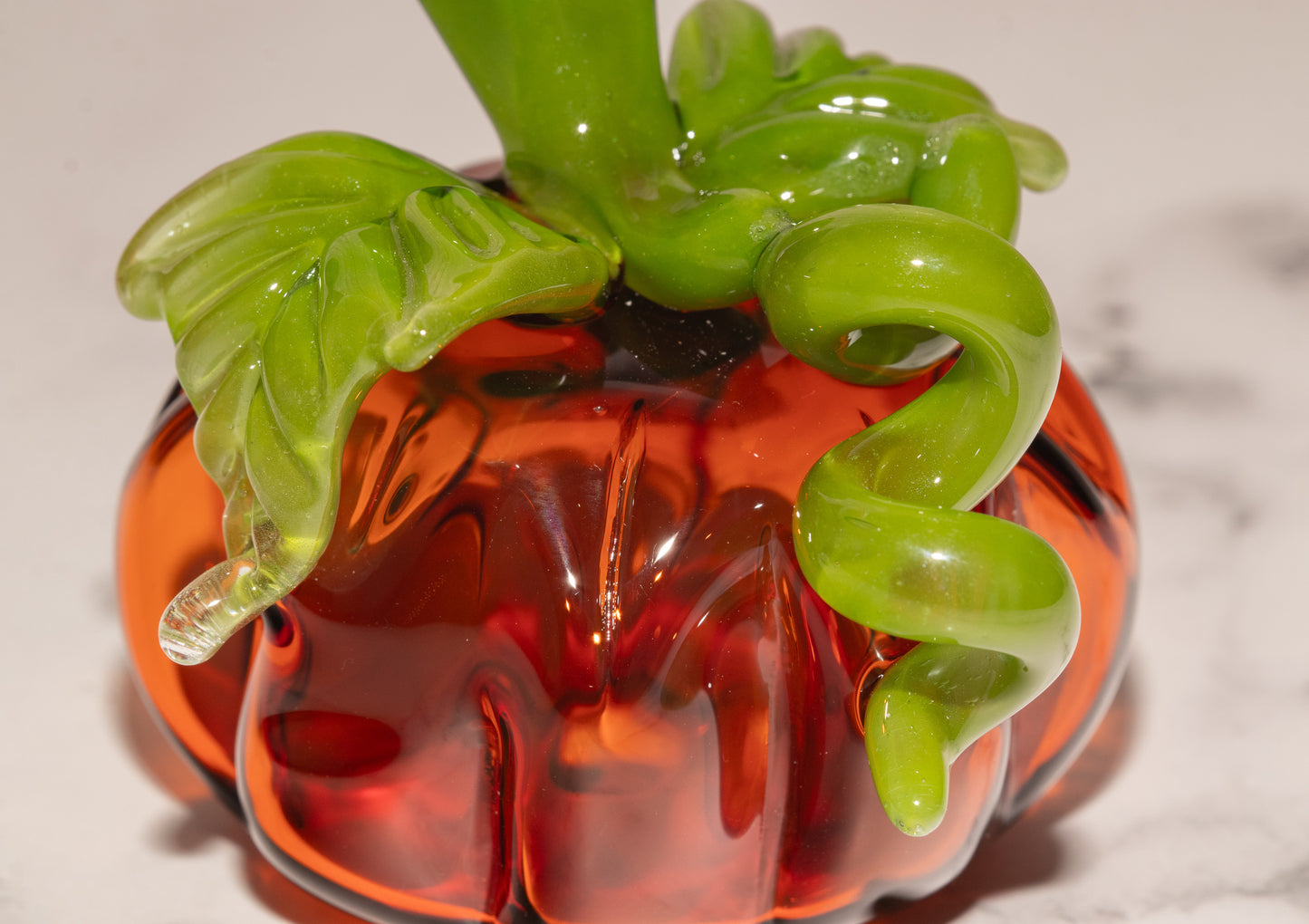 Glass Pumpkin #1 | Handblown OOAK Fall Sculpture | Autumn Home Decor | Halloween Decoration | Leaves & Green Vine Detail | Collectible Art
