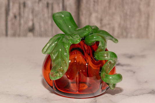 Glass Pumpkin #2 | Orange OOAK Fall Sculpture | Autumn & Halloween Home Decor | Stem, Leaf, Green Vine Tiny Handmade Pumpkin Collectible Art