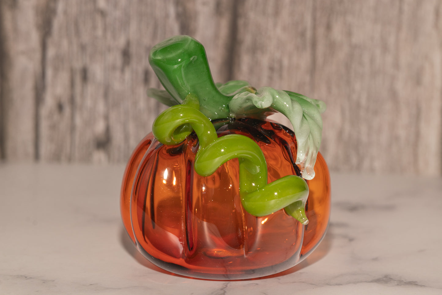 Glass Pumpkin #4 | OOAK Glass Pumpkin Sculpture | Fall Halloween Home Decor | Leaves Vine Detail | Handcrafted Seasonal Art