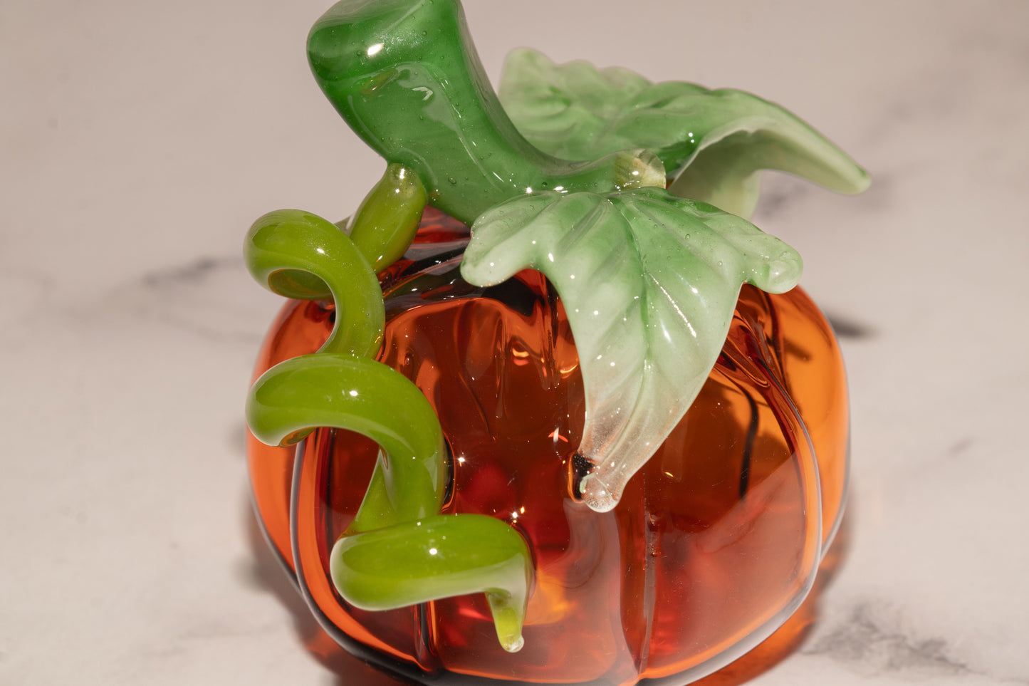 Glass Pumpkin #4 | OOAK Glass Pumpkin Sculpture | Fall Halloween Home Decor | Leaves Vine Detail | Handcrafted Seasonal Art