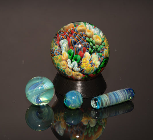 Coral Reef Art Marble Set | 4-Piece Glass Marble & Pillar Collection | Handblown