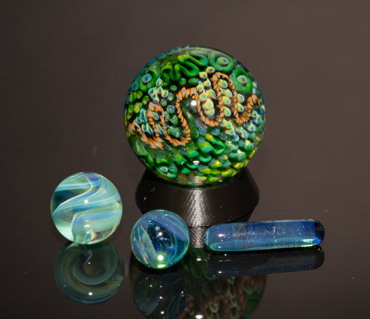 Coral Reef Glass Marble Set | 4-Piece Borosilicate Marble & Pillar Collection | Handblown Ocean Glass Art