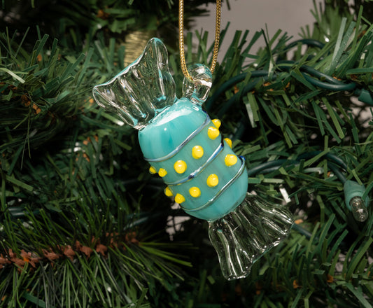 Artisan Blue Glass Candy Ornament – Handblown Christmas Tree Hanging with Clear Tips and Gold Tinsel