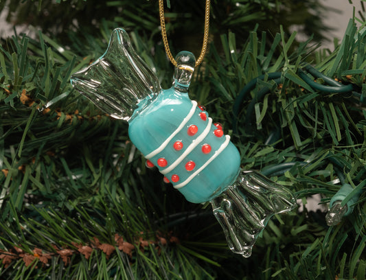 Handmade Blue Glass Candy Ornament – Borosilicate Holiday Tree Hanging with Clear Twisted Ends