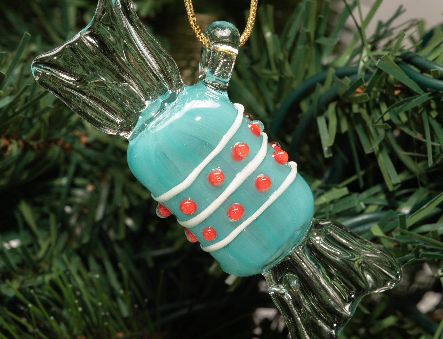 Handmade Blue Glass Candy Ornament – Borosilicate Holiday Tree Hanging with Clear Twisted Ends