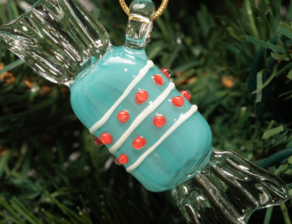 Handmade Blue Glass Candy Ornament – Borosilicate Holiday Tree Hanging with Clear Twisted Ends