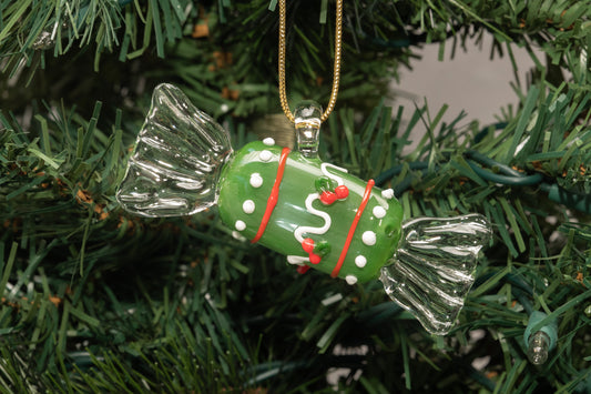 Green Borosilicate Glass Candy Ornament – Handblown Christmas Decor with Clear Twisted Ends