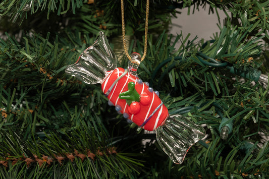 Candy Cane Red Glass Ornament – Handmade Holiday Hanging with Cherry Detail