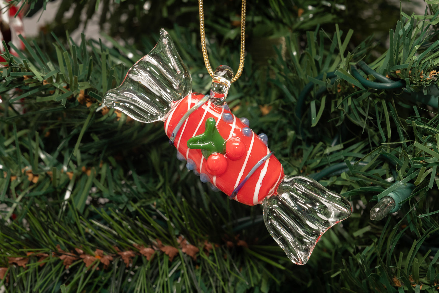 Candy Cane Red Glass Ornament – Handmade Holiday Hanging with Cherry Detail