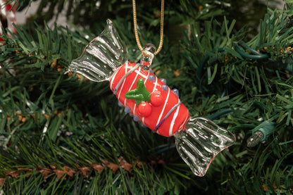 Candy Cane Red Glass Ornament – Handmade Holiday Hanging with Cherry Detail