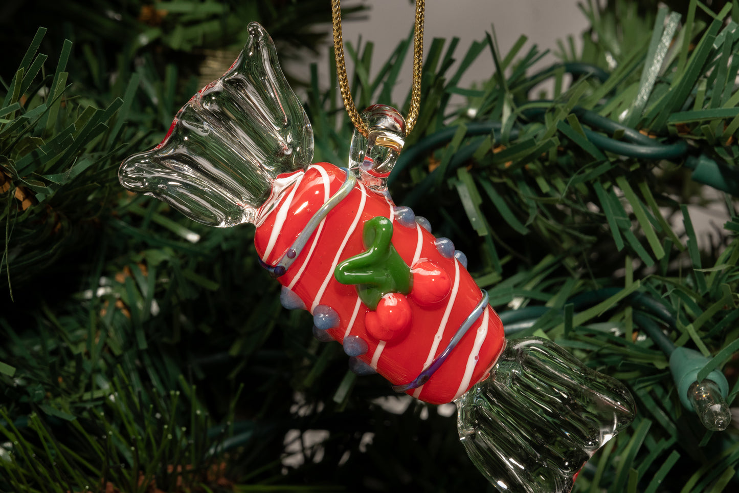 Candy Cane Red Glass Ornament – Handmade Holiday Hanging with Cherry Detail