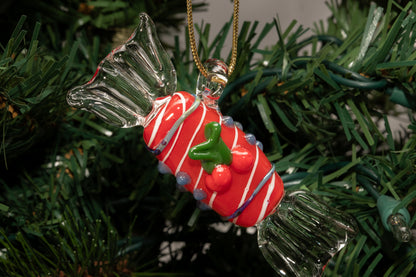 Candy Cane Red Glass Ornament – Handmade Holiday Hanging with Cherry Detail