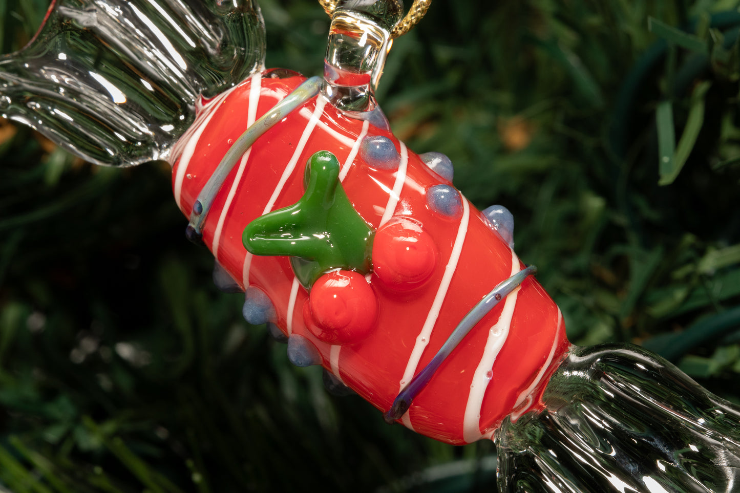 Candy Cane Red Glass Ornament – Handmade Holiday Hanging with Cherry Detail