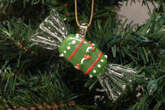 Handmade Green Glass Candy Ornament – Borosilicate Holiday Tree Hanging with Holly Garland Detail