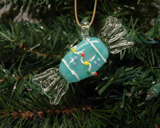 Handblown Blue Glass Candy Ornament – Clear Twisted Ends and Golden Tinsel String for Holiday Tree