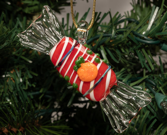 Borosilicate Red Glass Candy Ornament – Candy Cane Stripe with Sculpted Orange Accent