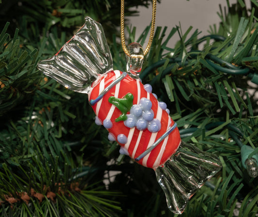 Red Glass Candy Ornament – Artisan Borosilicate Holiday Decor with Grape Accent