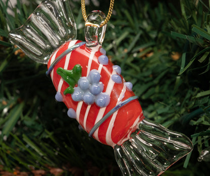 Red Glass Candy Ornament – Artisan Borosilicate Holiday Decor with Grape Accent