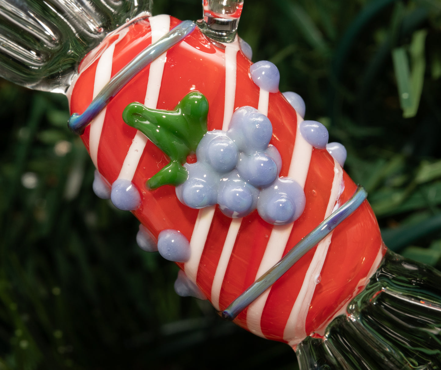 Red Glass Candy Ornament – Artisan Borosilicate Holiday Decor with Grape Accent
