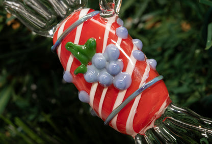 Red Glass Candy Ornament – Artisan Borosilicate Holiday Decor with Grape Accent