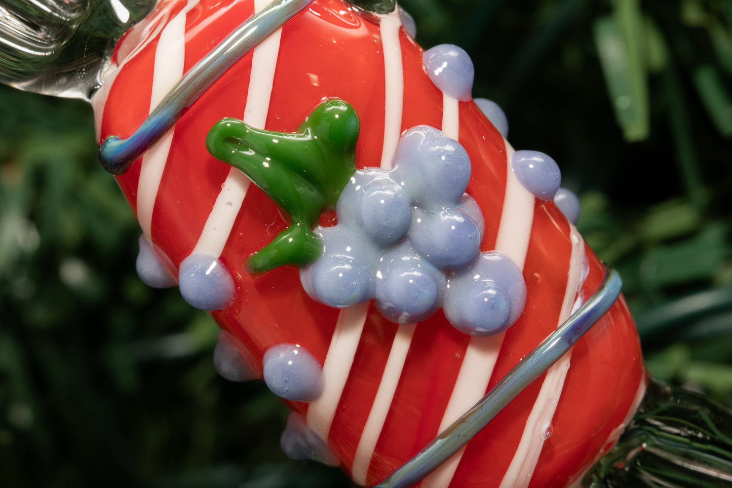 Red Glass Candy Ornament – Artisan Borosilicate Holiday Decor with Grape Accent