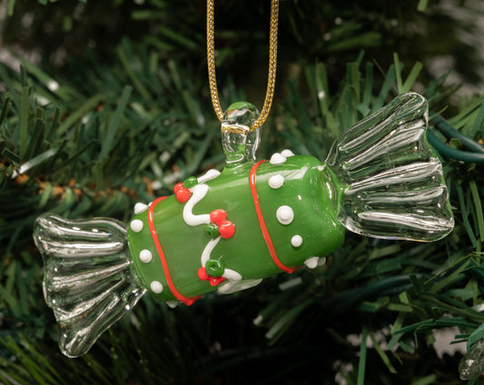Artisan Green Glass Candy Ornament – Holiday Tree Hanging with Red and White Holly Accents