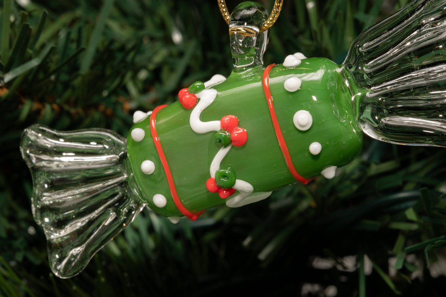 Artisan Green Glass Candy Ornament – Holiday Tree Hanging with Red and White Holly Accents