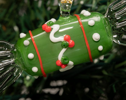 Artisan Green Glass Candy Ornament – Holiday Tree Hanging with Red and White Holly Accents