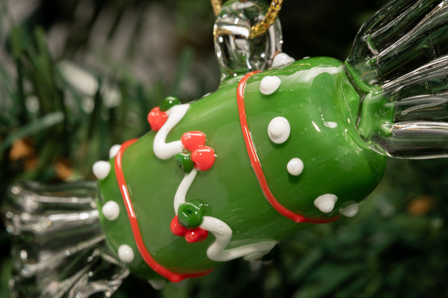 Artisan Green Glass Candy Ornament – Holiday Tree Hanging with Red and White Holly Accents