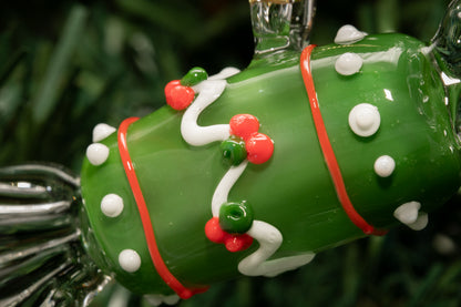 Artisan Green Glass Candy Ornament – Holiday Tree Hanging with Red and White Holly Accents