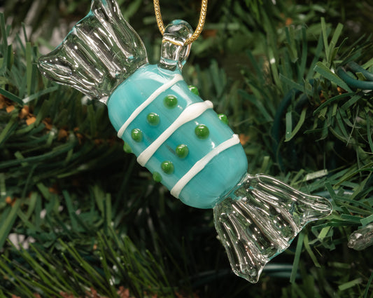 Blue Borosilicate Glass Candy Ornament – Handmade Holiday Decoration with Clear Ends and Gift-Ready Shine
