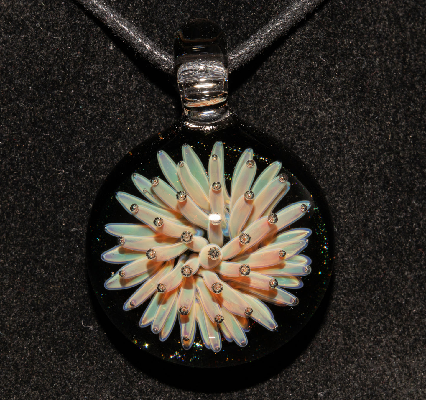 Cosmic Implosion Pendant | Starburst Glass Necklace | Artisan Borosilicate Jewelry | Sparkled Black Back