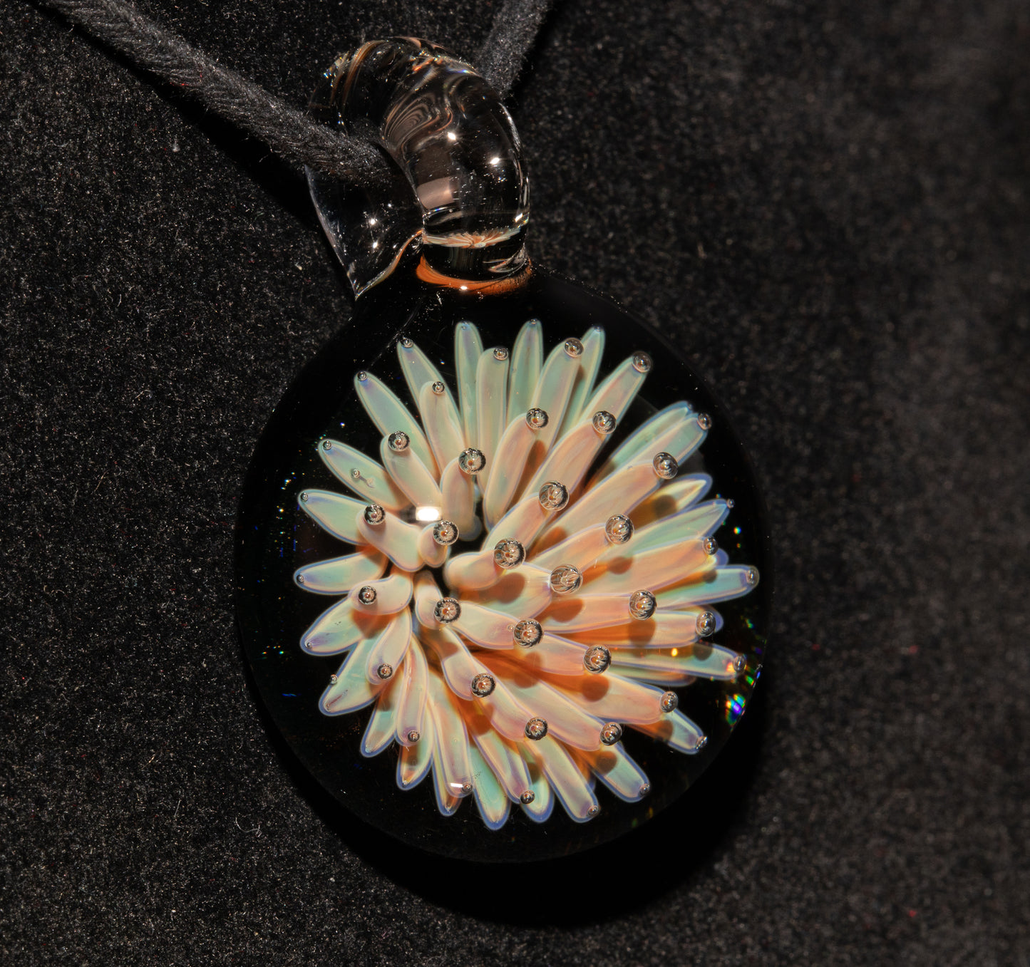 Cosmic Implosion Pendant | Starburst Glass Necklace | Artisan Borosilicate Jewelry | Sparkled Black Back