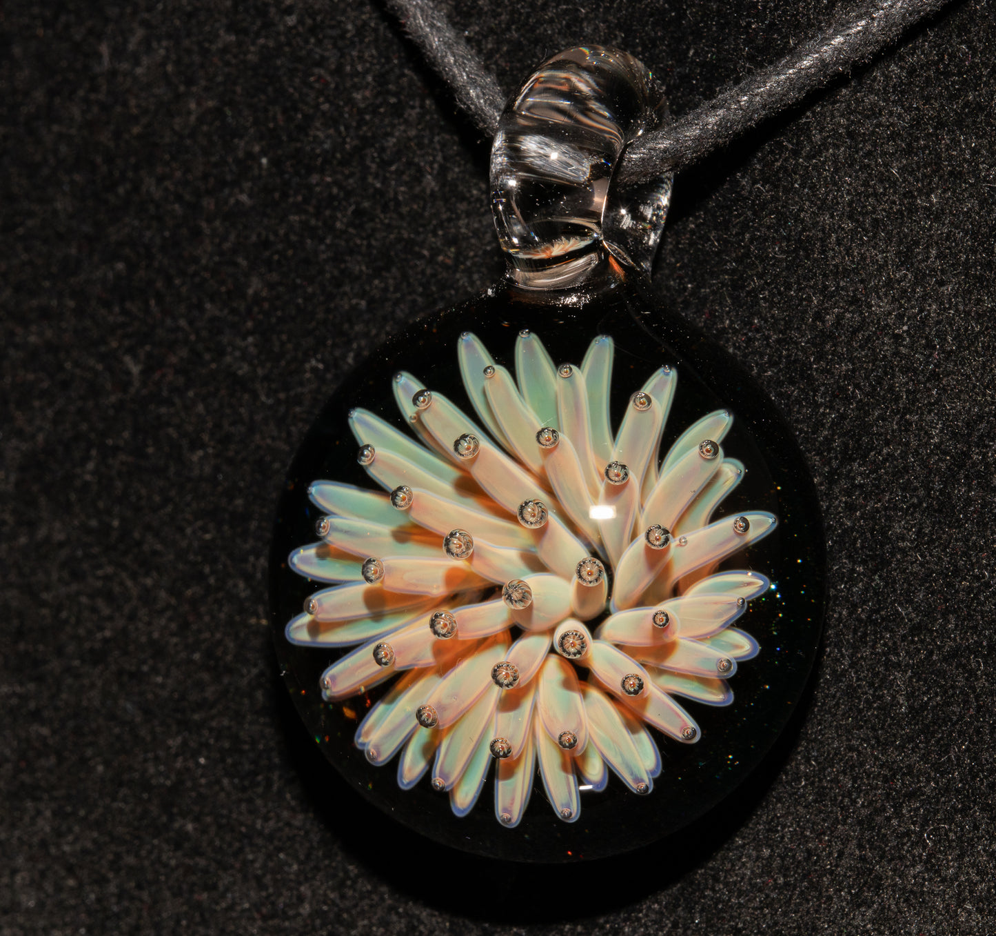 Cosmic Implosion Pendant | Starburst Glass Necklace | Artisan Borosilicate Jewelry | Sparkled Black Back