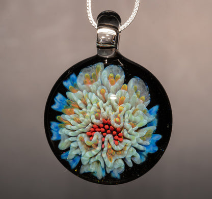 Alien Chrysanthemum Peony Bloom | Galaxy Handblown Glass Flower Pendant | Artisan Space Jewelry