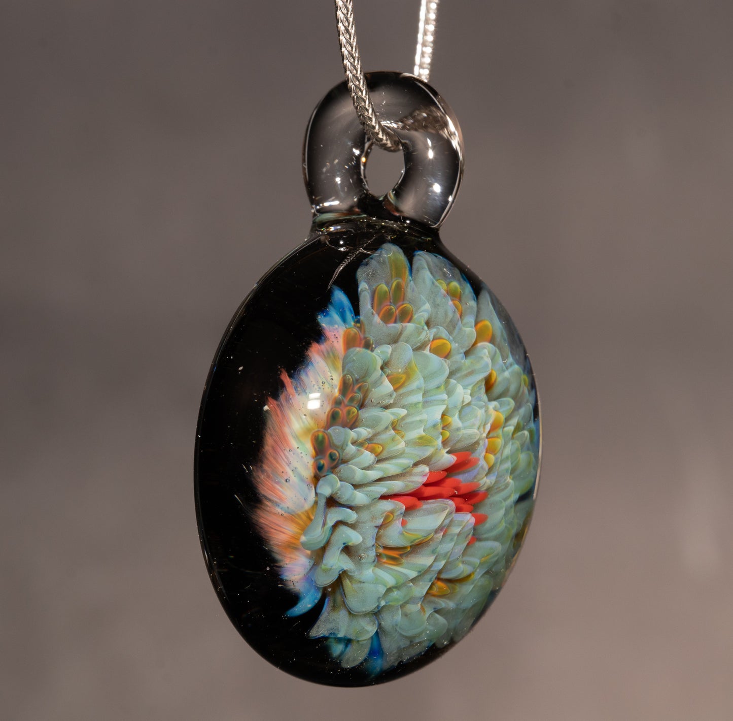 Alien Chrysanthemum Peony Bloom | Galaxy Handblown Glass Flower Pendant | Artisan Space Jewelry