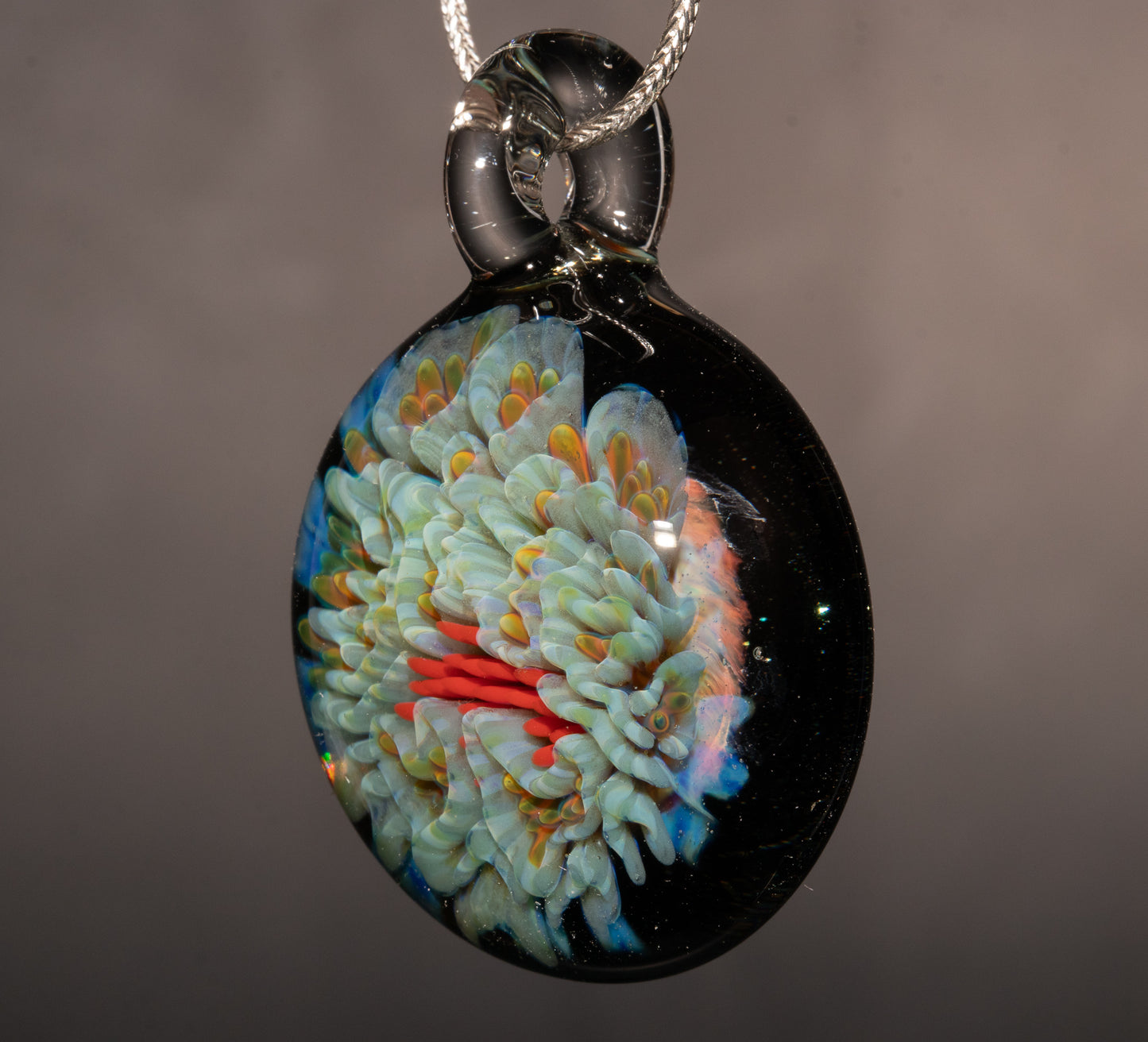 Alien Chrysanthemum Peony Bloom | Galaxy Handblown Glass Flower Pendant | Artisan Space Jewelry