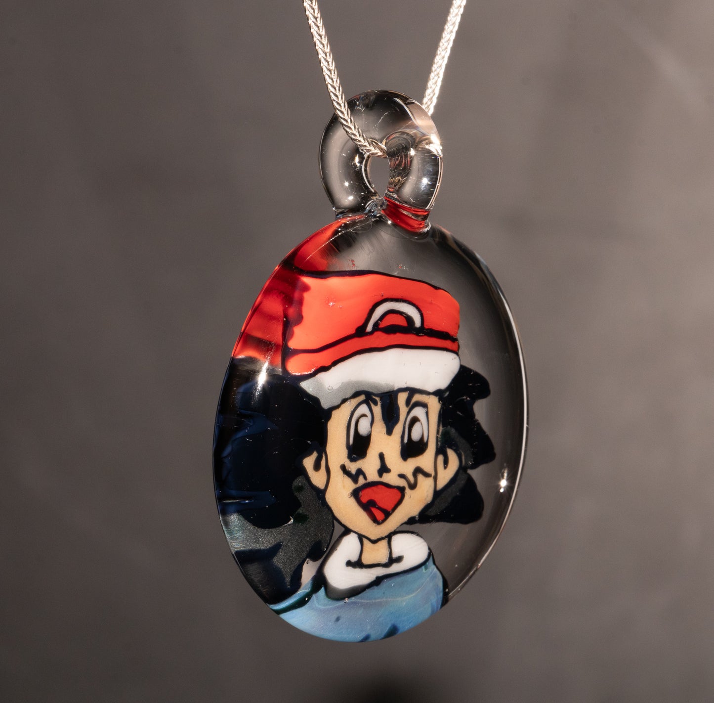 Retro Cartoon Inspired Pendant | Hand Drawn Borosilicate Portrait | Disc Flip Glass Art | Collector Jewelry Gift