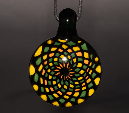 Unique Mandala Glass Pendant | Colorful Fillacello Green bay Packers Design | Sacred Geometry Jewelry Art