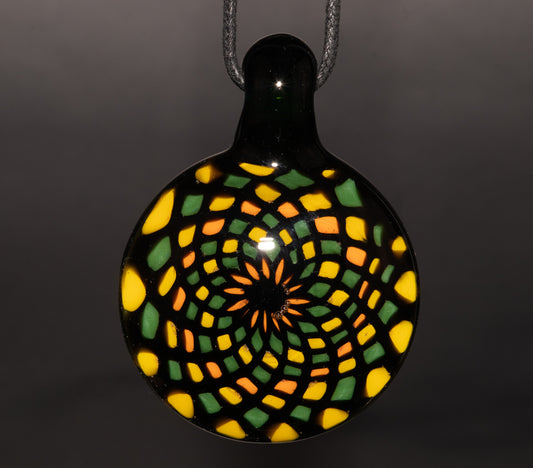 Unique Mandala Glass Pendant | Colorful Fillacello Green bay Packers Design | Sacred Geometry Jewelry Art
