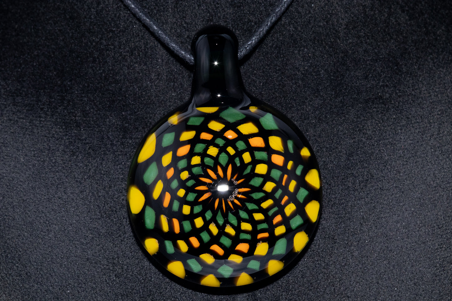 Unique Mandala Glass Pendant | Colorful Fillacello Green bay Packers Design | Sacred Geometry Jewelry Art