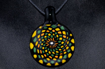 Unique Mandala Glass Pendant | Colorful Fillacello Green bay Packers Design | Sacred Geometry Jewelry Art