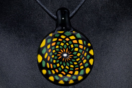 Unique Mandala Glass Pendant | Colorful Fillacello Green bay Packers Design | Sacred Geometry Jewelry Art