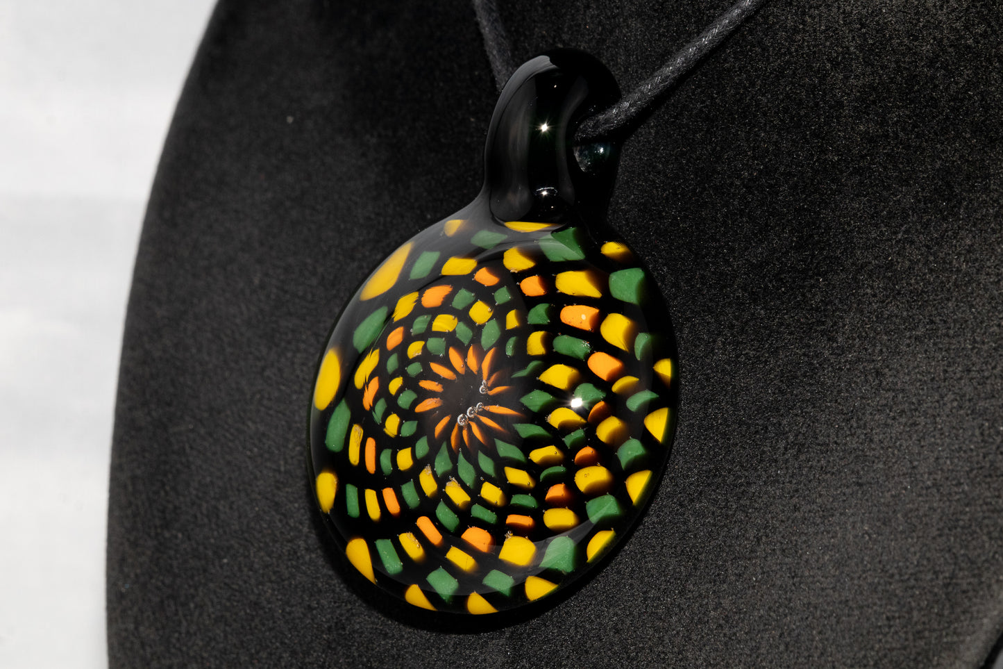 Unique Mandala Glass Pendant | Colorful Fillacello Green bay Packers Design | Sacred Geometry Jewelry Art